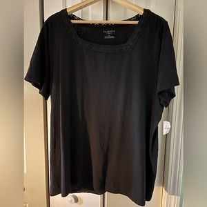 Talbots Black Cotton Short Sleeve Top with Black Lace